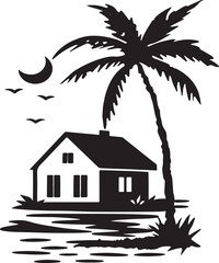 Tropical beachfront house silhouette with palm tree under crescent moon and flying birds