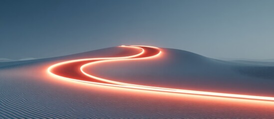 A glowing, red path winds through white sand dunes under a blue sky, surreal and minimalist