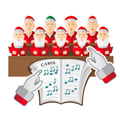 A Santa's hands in front of sheet music. The choir consists of two rows of elfs sing Carols, isolated on a white background. Vector Flat Christmas illustration