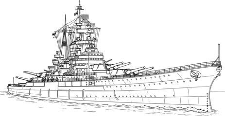 Detailed battleship warship line art illustration showing naval military vessel, heavy artillery, ocean combat ship design, and historical maritime power © Su Joy Creatives