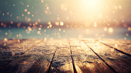 unanimity. Winter wooden surface with gentle snowfall, cold seasonal atmosphere. travel magazines, destination branding, designed for outdoor magazines and nature guides, inspires travel planning.
