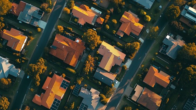 Aerial view of a residential neighborhood with orange roofs and trees