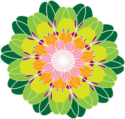 A vibrant mandala flower with layered petals in green, orange. 