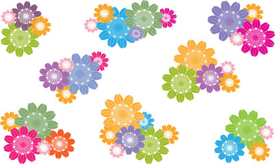 Set of colorful flowers,The pattern consists of flowers in various shades of red, green, blue, pink, purple, and light blue.