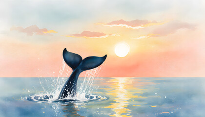 Fototapeta premium Whale tail rising from calm ocean at sunrise with golden light - Concept of Whale Day 