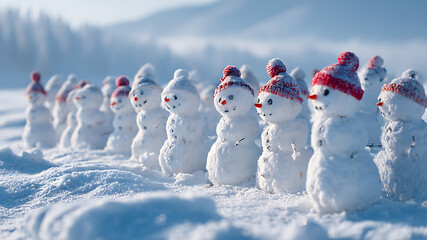 A Sunlit Parade of Miniature Snowmen in Red Hats Across a Snowy Landscape
