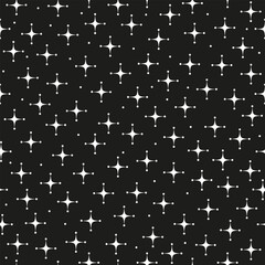 Seamless pattern with white sparkling geometric stars and dots on a black background. Perfect for textiles, wrapping paper, fabric, packaging, branding, and backgrounds. Vector illustration.