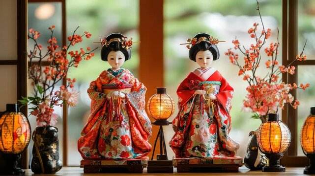Hinamatsuri display with tiered hina dolls and cherry blossom decorations in a traditional Japanese home. Girls' Day celebration, prayers for the health and happiness of girls with festive decorations