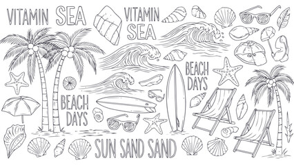 Beach scene with palm trees and surfboards Vector, illustration