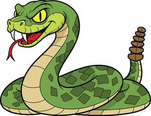 Fototapeta premium Cartoon rattlesnake illustration, green snake character, coiled snake pose, aggressive snake art, venomous reptile drawing, stylized snake with fangs