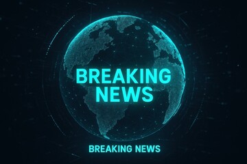 Digital globe showing continents, with the words breaking news in bright cyan. This graphic represents current events and updates worldwide.