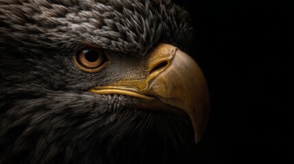 extreme macro photograph of an eagle head, sharp focused eye, detailed feathers texture, powerful and calm expression, dramatic natural lighting