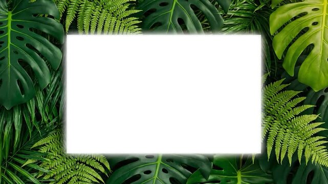 A white rectangular frame surrounded by vibrant green tropical leaves, creates natural design