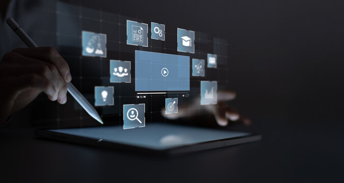 Interactive Digital Learning Interface With Virtual Multimedia Panels Illustrated on a Virtual Screen. - Powered by Adobe