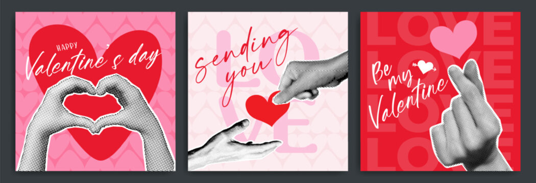 Valentine's day promotion social media banner post template with halftone hands forming heart gesture or love symbol. Y2k holiday poster with torn paper sticker. Retro business marketing background.