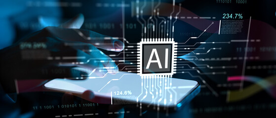 AI Artificial Intelligence Chip and Machine Learning Technology Illustrated on Processor.