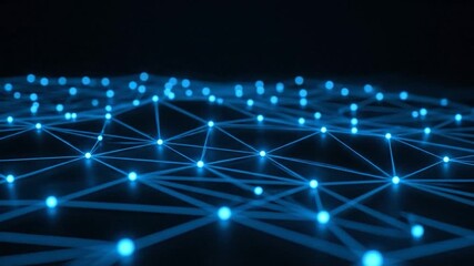 Illuminated blue network nodes connected by lines, forming a digital mesh against a dark background - Powered by Adobe