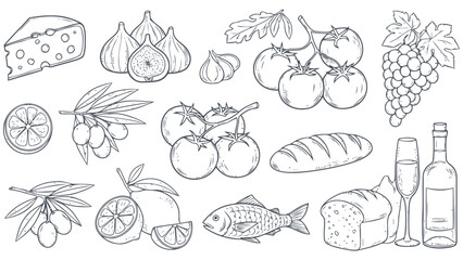 Delicious food items collection including fruits cheese and wine Vector, illustration