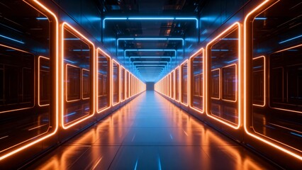 Futuristic corridor with neon lights