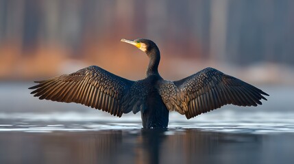 Obraz premium Magnificent Cormorant Displays Wingspan While Perched in Calm Waters, Natures Beauty.