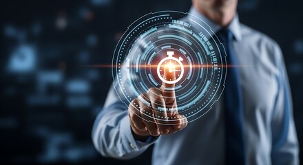 Businessman Touching Futuristic Digital Interface with Glowing Technology.