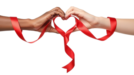 Hands forming a heart with red ribbons isolated on transparent background