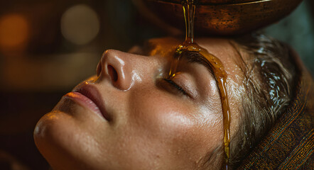 Woman receiving ayurvedic shirodhara treatment at a wellness salon. Relaxing spa procedure with oil pouring on her head for tranquil health.