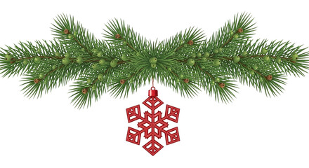 Christmas garland with red snowflake ornament isolated on transparent background