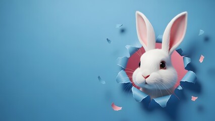 Obraz premium Fluffy White Easter Bunny Peeking Through Torn Blue Paper Hole Banner