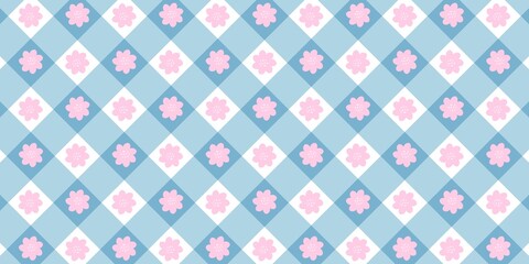 Seamless pastel floral geometric pattern with pink flowers on blue and white diamond shapes. Cute repeating background for wallpaper, fabric, wrapping paper, and digital design.