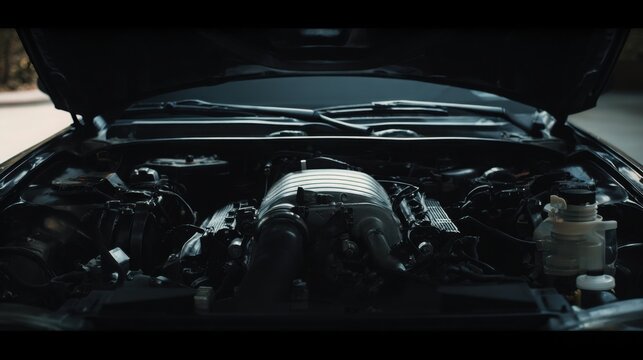 minimalist naturally aspirated engine under open hood, no turbo, clean layout, calm confidence mood, soft cinematic light, centered framing