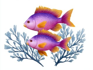 Fototapeta premium Two vibrant purple fish swim amid blue seaweed, showcasing a colorful underwater scene with intricate details and lively colors.