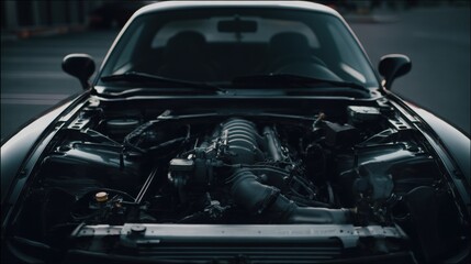 Fototapeta premium minimalist naturally aspirated engine under open hood, no turbo, clean layout, calm confidence mood, soft cinematic light, centered framing