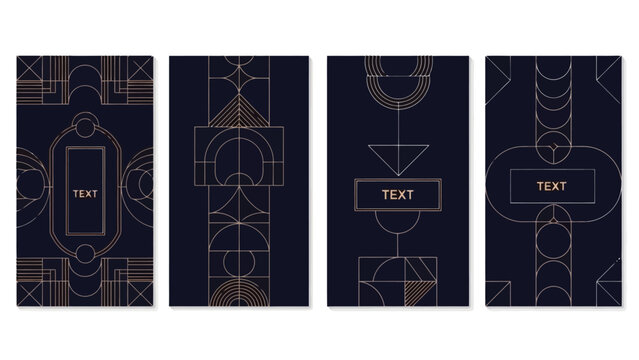 Art deco style dark blue backgrounds with geometric gold lines and text boxes for design.