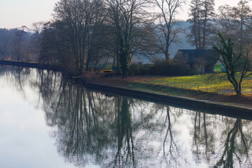 Sunset aerial view of Dusseldorf Rhein river in Germany