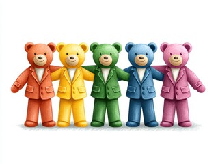 Colorful teddy bears in suits stand side by side, showcasing a cheerful and playful vibe, perfect for children's themes and joyful illustrations.