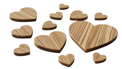 Collection of wooden heart shapes isolated on transparent background