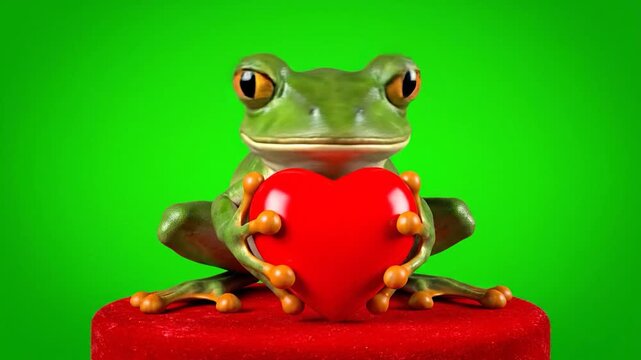 A green frog sits on red platform, holding a red heart against a vibrant green background