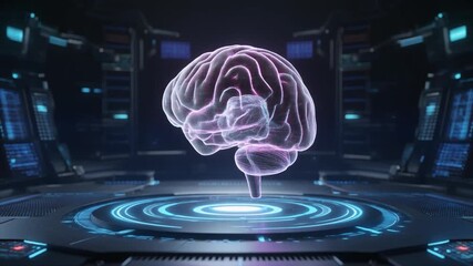 Futuristic Holographic Human Brain Model Glowing on a Sci- Fi Platform with Blue Lights hologram - Powered by Adobe