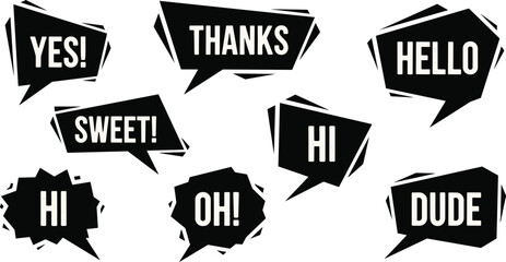 Obraz premium Comic speech bubble illustration, expressive text design, dynamic jagged shapes, casual greetings artwork, black and white graphic, playful communication element
