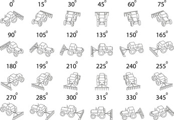Isometric tractor with farming attachment set. A line art set of 24 stylized tractors with a simple farming attachment, shown in isometric view and rotated from multiple angles.