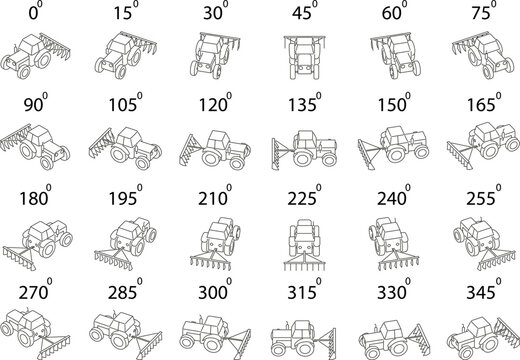 Isometric tractor with farming attachment set. A line art set of 24 stylized tractors with a simple farming attachment, shown in isometric view and rotated from multiple angles.