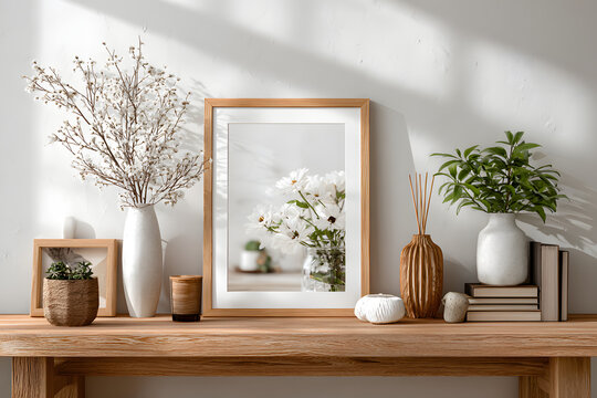 Portrait large 50x70, 20x28, a3,a4, Wooden frame mockup on white wall. Poster mockup. Clean, modern, minimal frame. Empty fra.me Indoor interior, show text or product