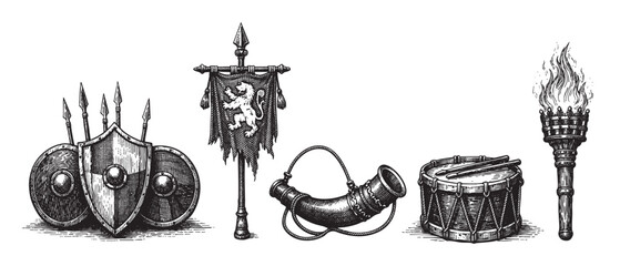 A detailed, black and white illustration showcases vintage medieval warrior equipment, including shields, spears, a banner with a lion emblem, a horn, a drum, and a flaming torch on a white background