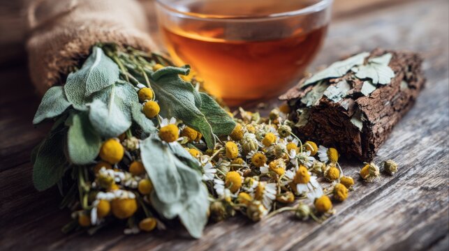 professional photo of herbal medicine ingredients for dental care, dried chamomile flowers, oak bark, sage leaves, and a glass of amber decoction