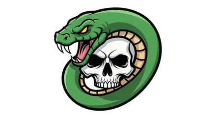 Green snake encircling skull isolated on transparent background
