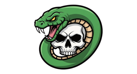 Green snake encircling skull isolated on transparent background