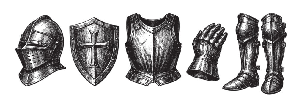 A detailed black and white illustration showcases a complete set of knight's armor, including a helmet, shield, breastplate, gauntlet, and greaves, presented against a clean white background.