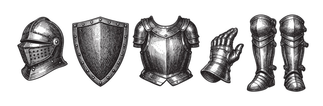 A vintage-style engraving depicts a collection of knight's armor pieces including a helmet, shield, breastplate, gauntlet, and leg guards against a white background.