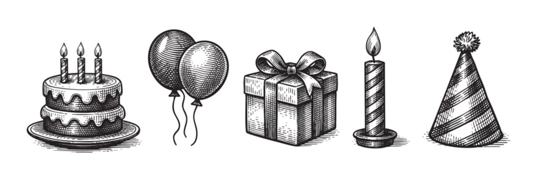 A charming black and white line art illustration featuring essential birthday party items like a cake, balloons, gift, candle, and party hat in a vintage engraving style.